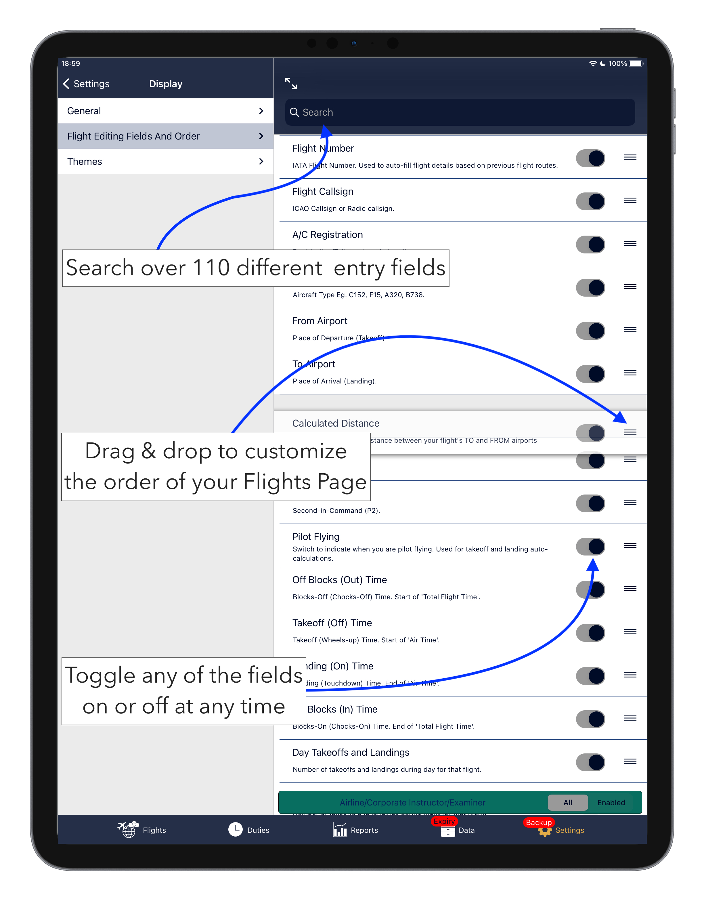 Flight logging fields editing page shown on the AvionLog Pilot Logbook for iPad