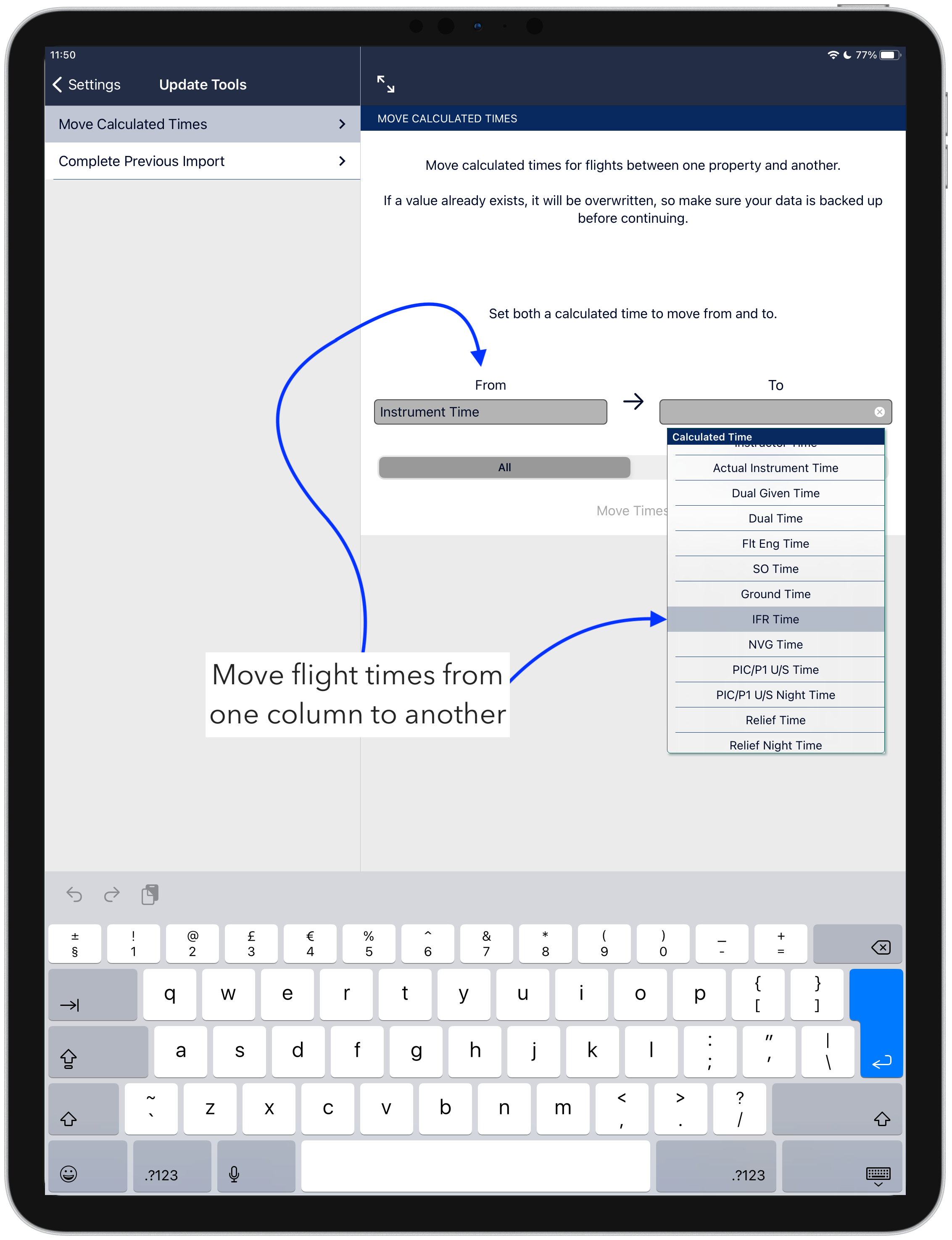 Move your flight times in the AvionLog pilot logbook