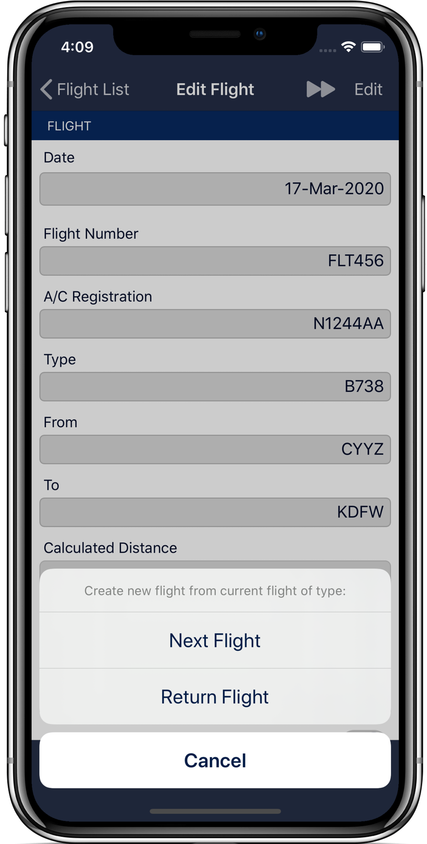 Next flight and return flight feature to pre-fill your next flight